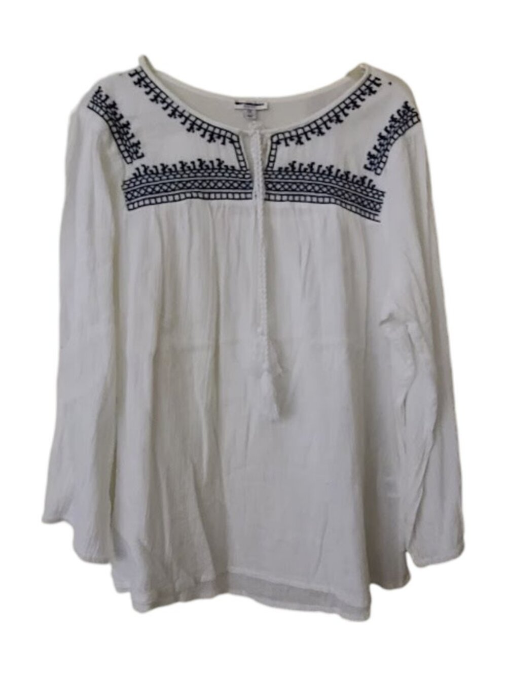 Rebecca Malone White Peasant Blouse with Black Embroidery